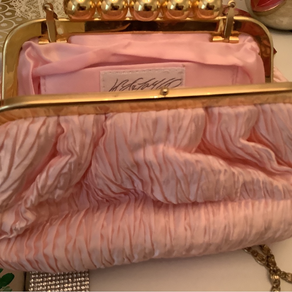Pink Ruched Satin Frame Clutch with Gold Trim
